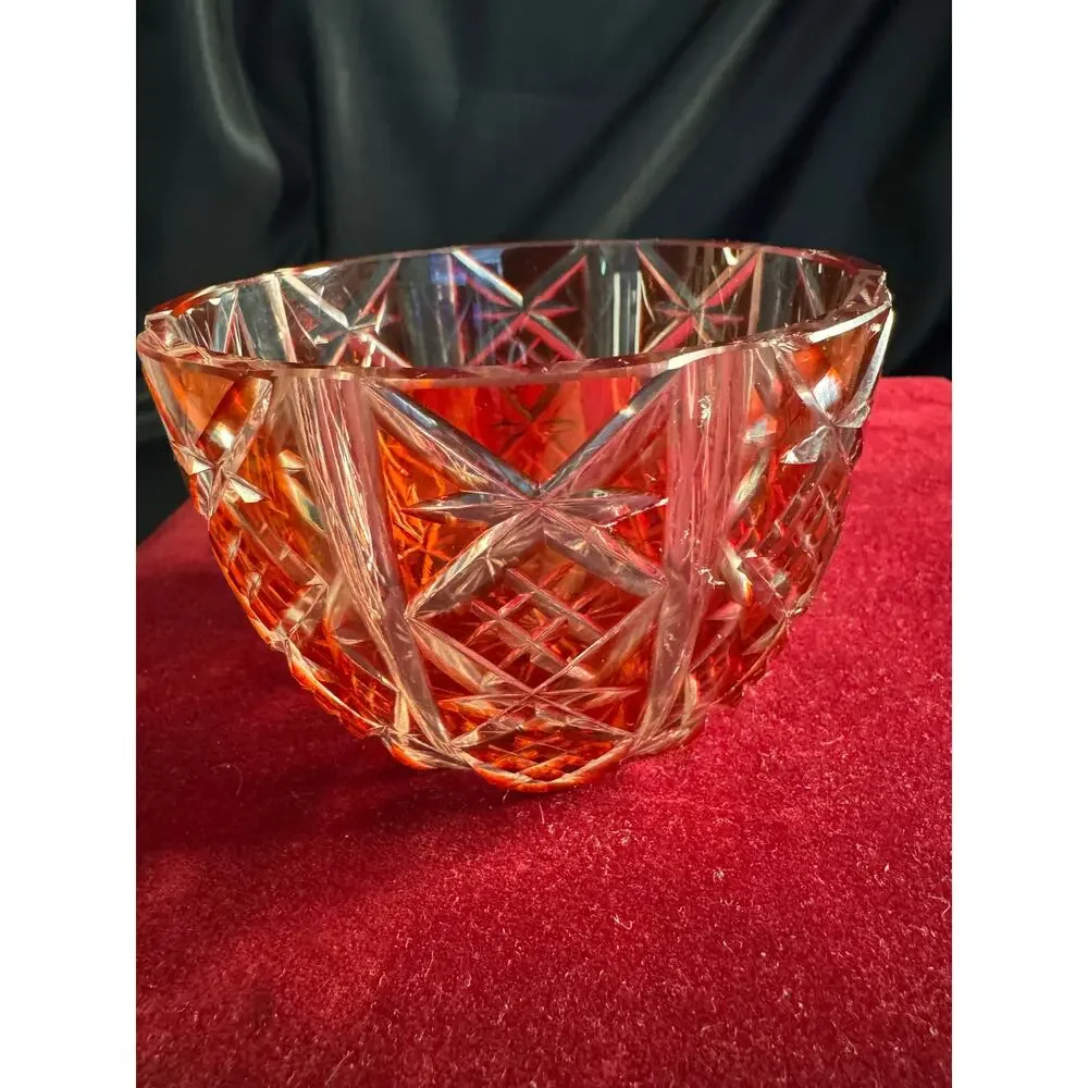 Vintage Clear Cut Cranberry Glass 4” Bowl 2 mm chip